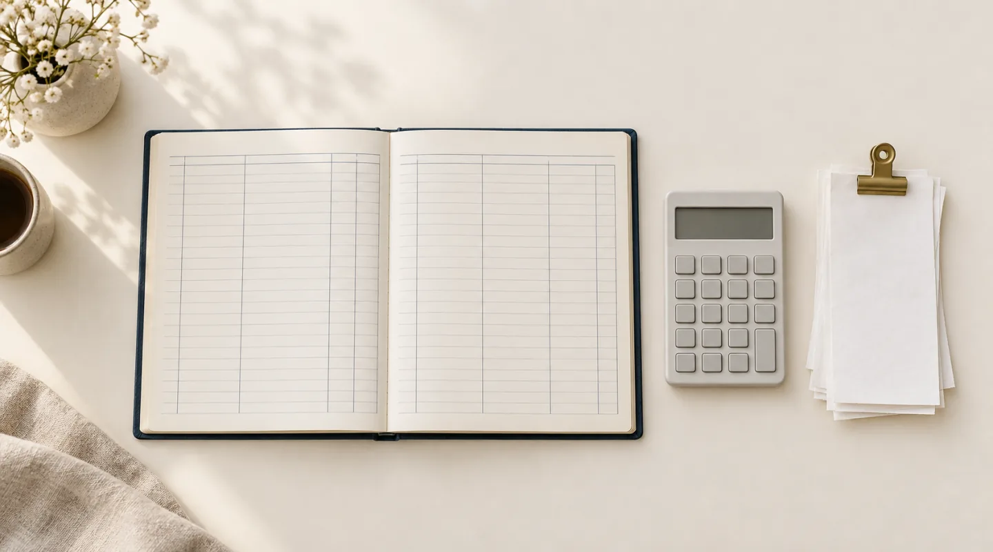 Cahier de comptes ouvert sur des colonnes vides, calculatrice à écran éteint et liasse de feuillets vierges retenue par une pince laiton