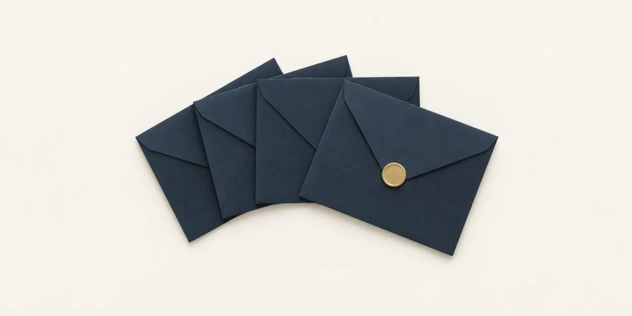 Enveloppes bleu ardoise vierges disposées en éventail, celle du dessus fermée par un cachet de cire laiton