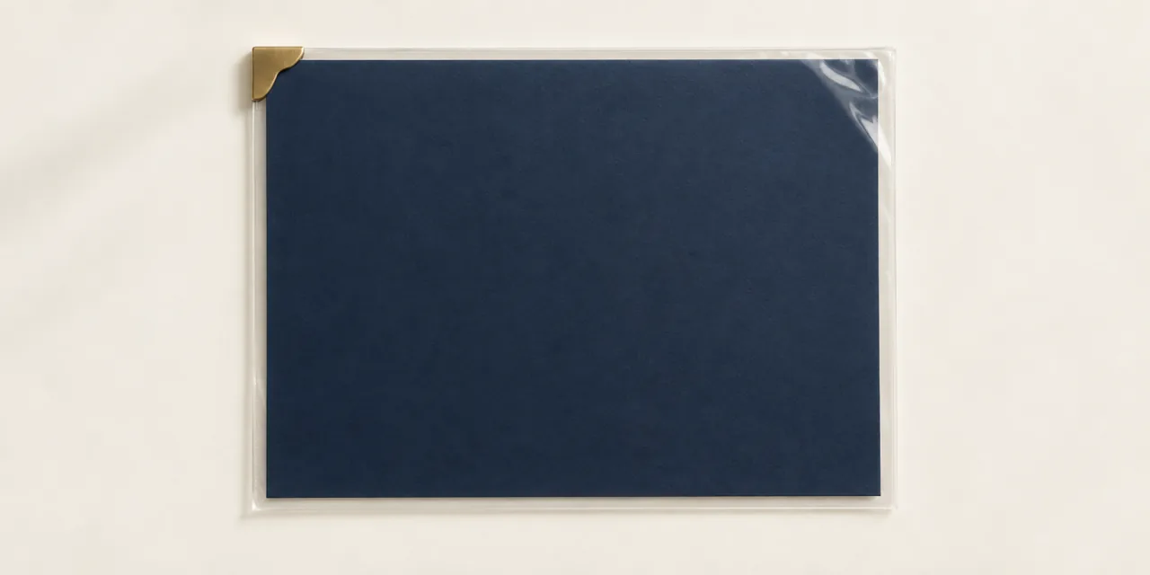 Feuillet bleu ardoise vierge glissé dans une pochette transparente, un coin tenu par une cornière laiton