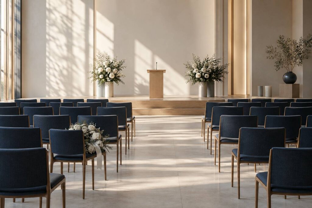 Salle vide avec rangées de chaises et couronne de fleurs au premier rang