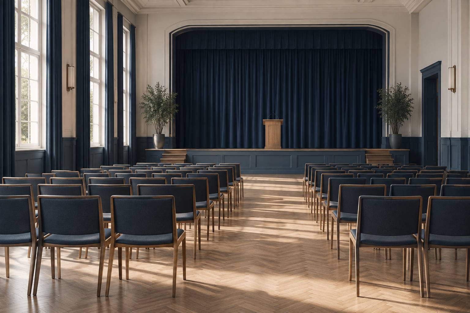 Salle des fetes vide avec chaises alignees et petite estrade
