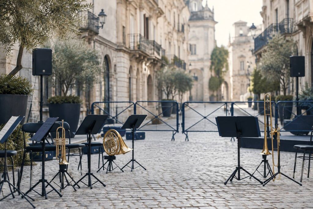 Rue pavee fermee a la circulation avec barrieres et instruments de musique poses
