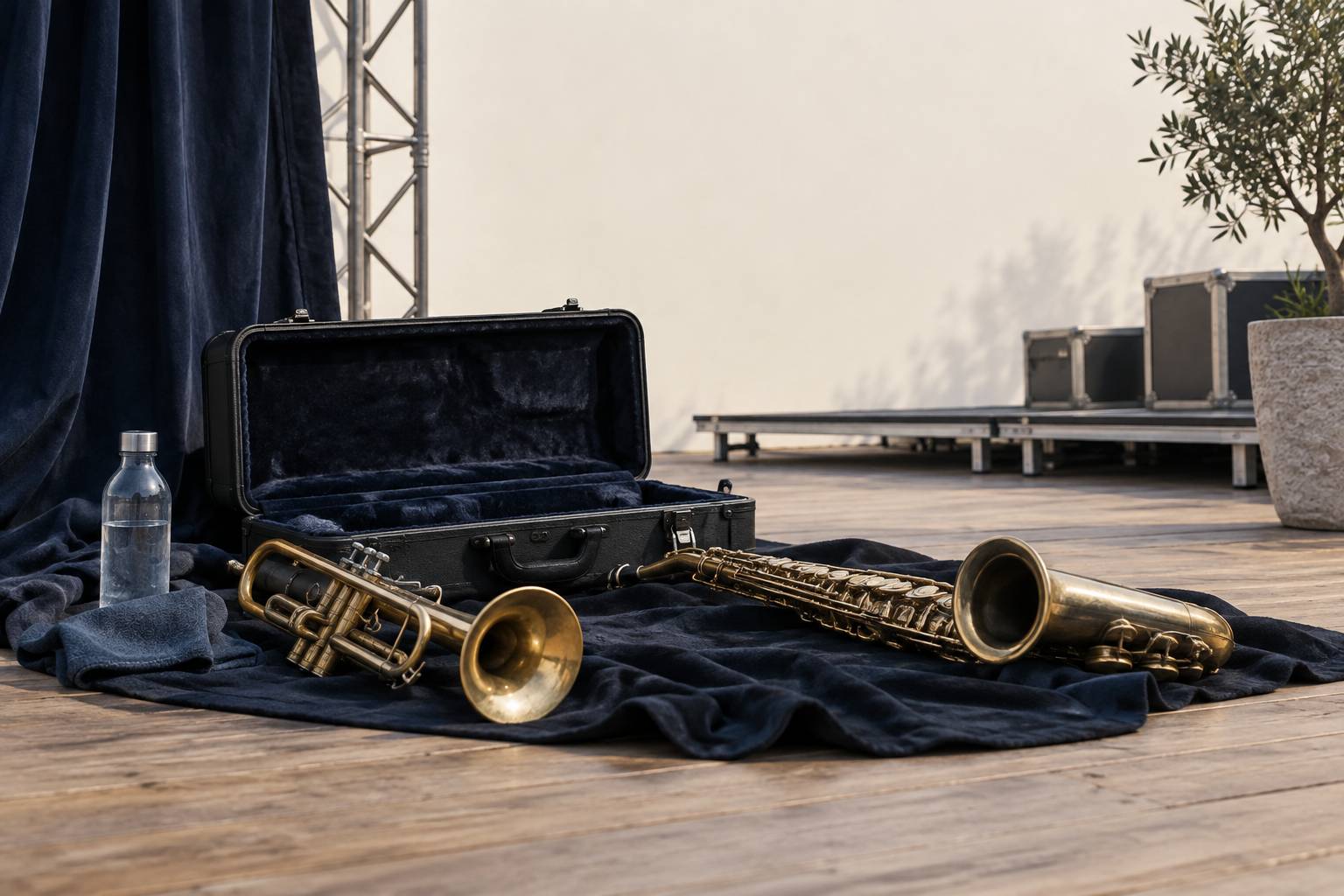 Trompette et saxophone poses sur un tissu avant un defile musical