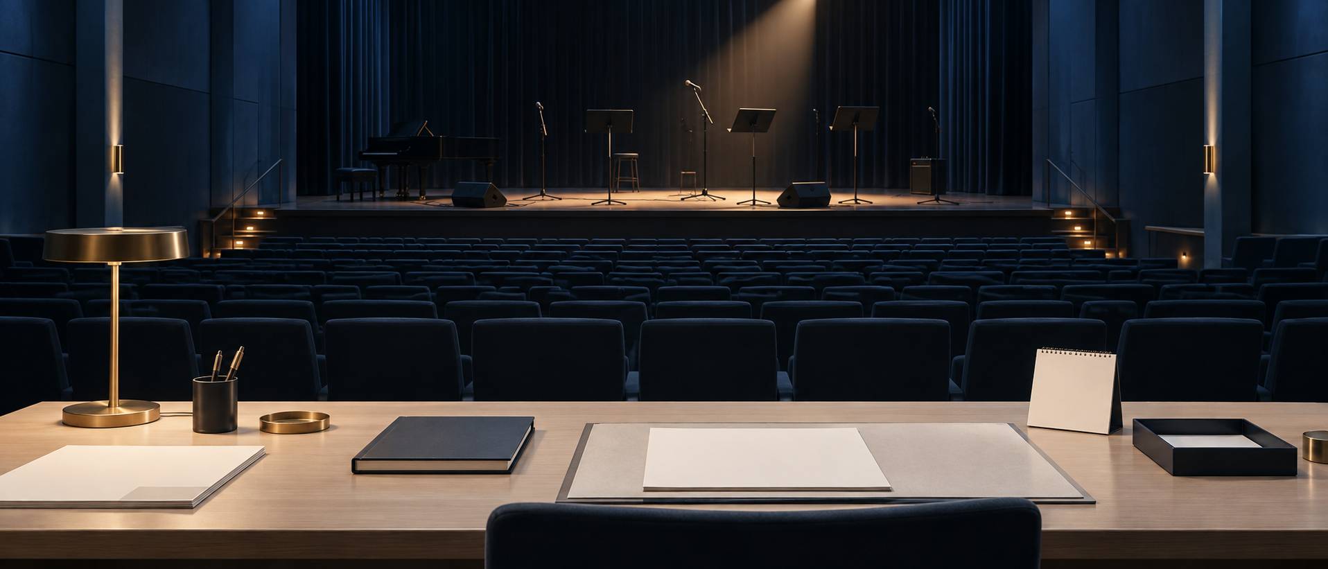 Salle de spectacle vide avec scène éclairée par un projecteur unique