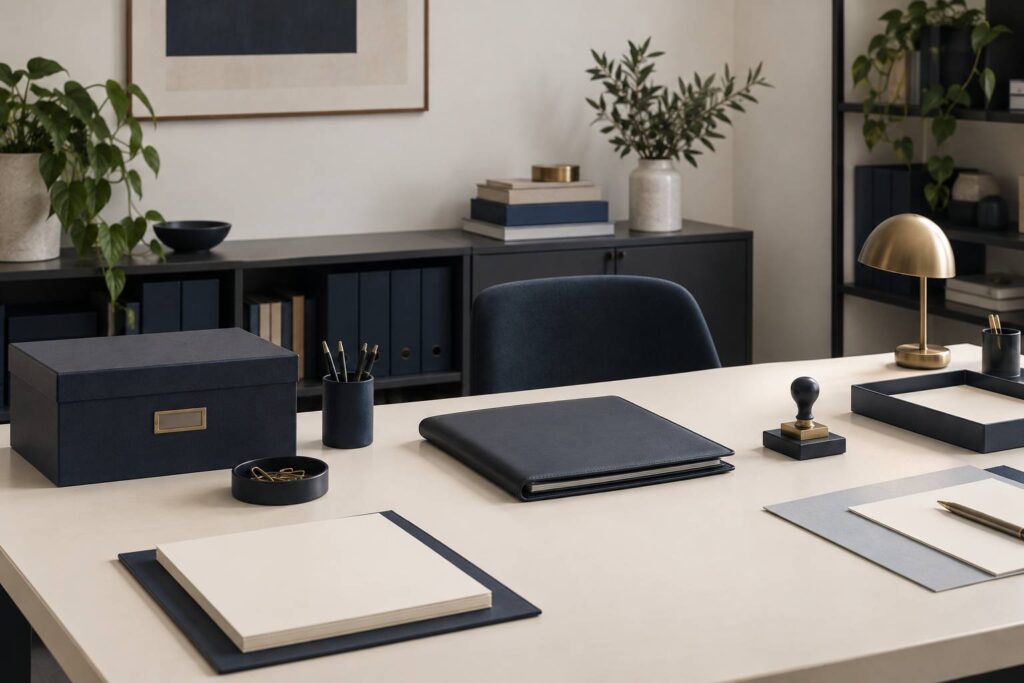Bureau associatif sobre avec parapheur ferme et boite d'archives