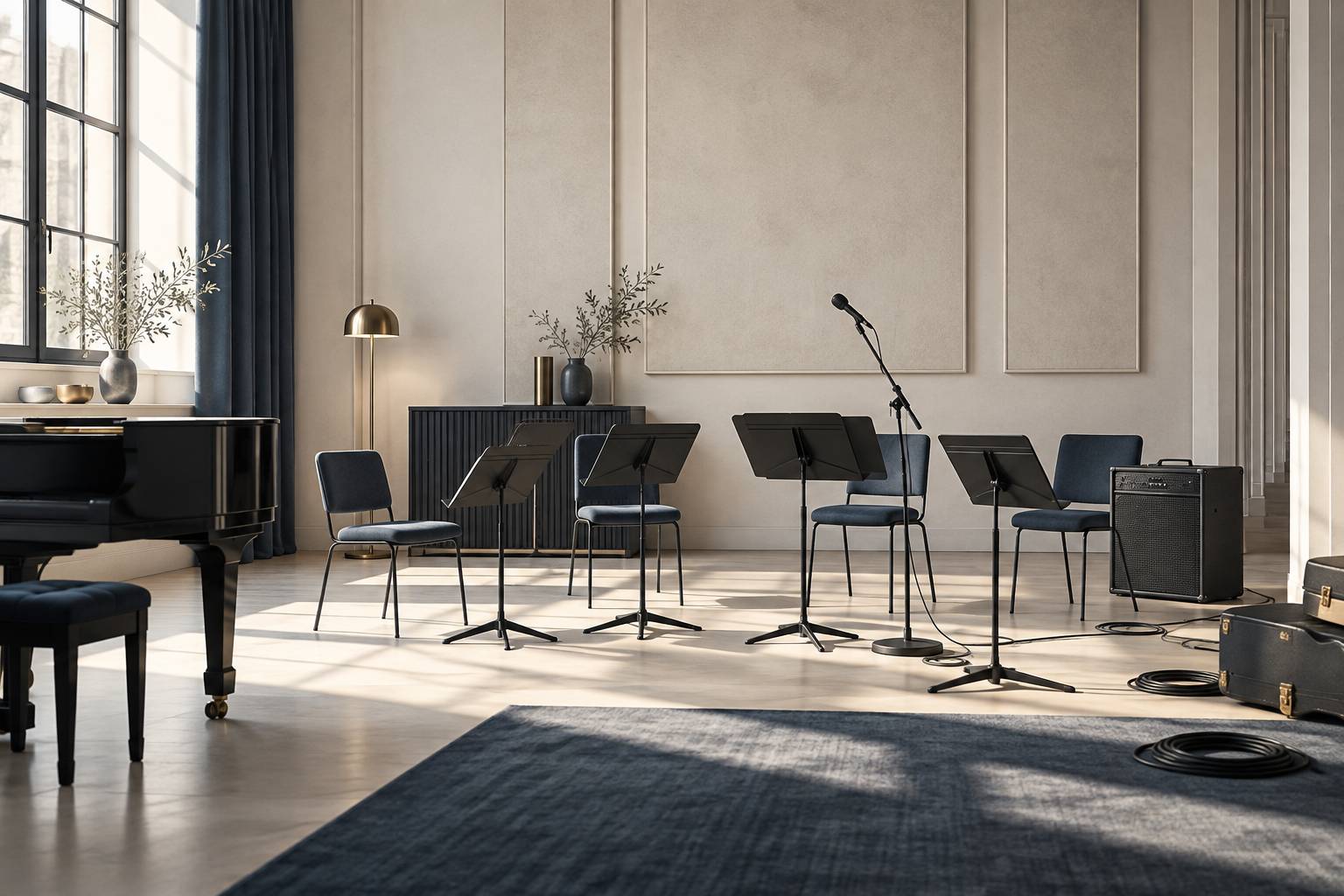 Salle de repetition vide avec pupitres ranges et micro sur pied