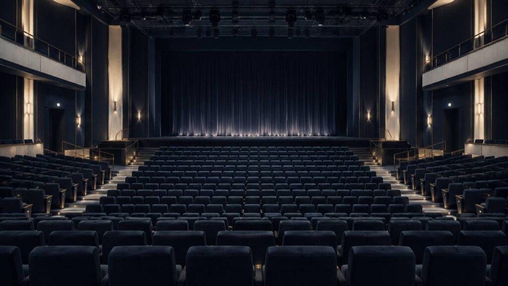 Salle de spectacle vide avec sieges alignes en rangee