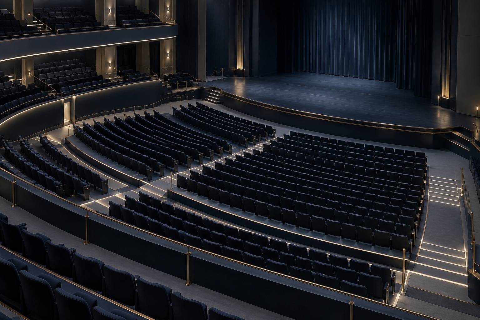 Gradins de sieges vides et barrieres dans une salle de spectacle