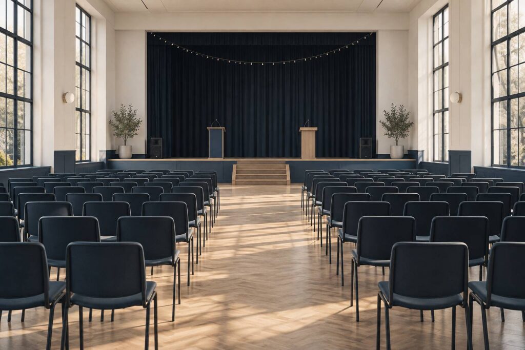 Salle des fetes vide avec chaises rangees, pupitres nus et enceintes au sol