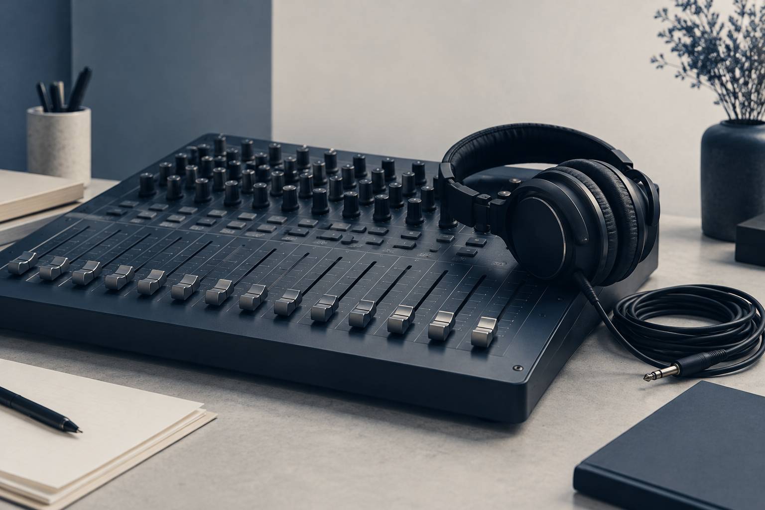 Console de sonorisation generique eteinte avec casque audio pose dessus