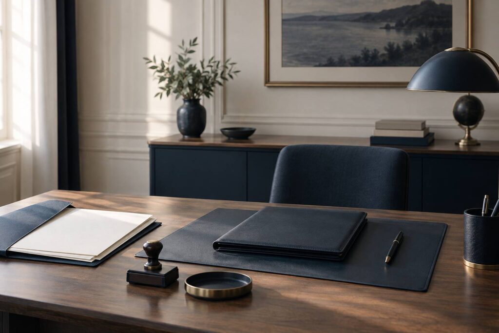 Parapheur ferme et chemise de pages vierges sur un bureau administratif lumineux