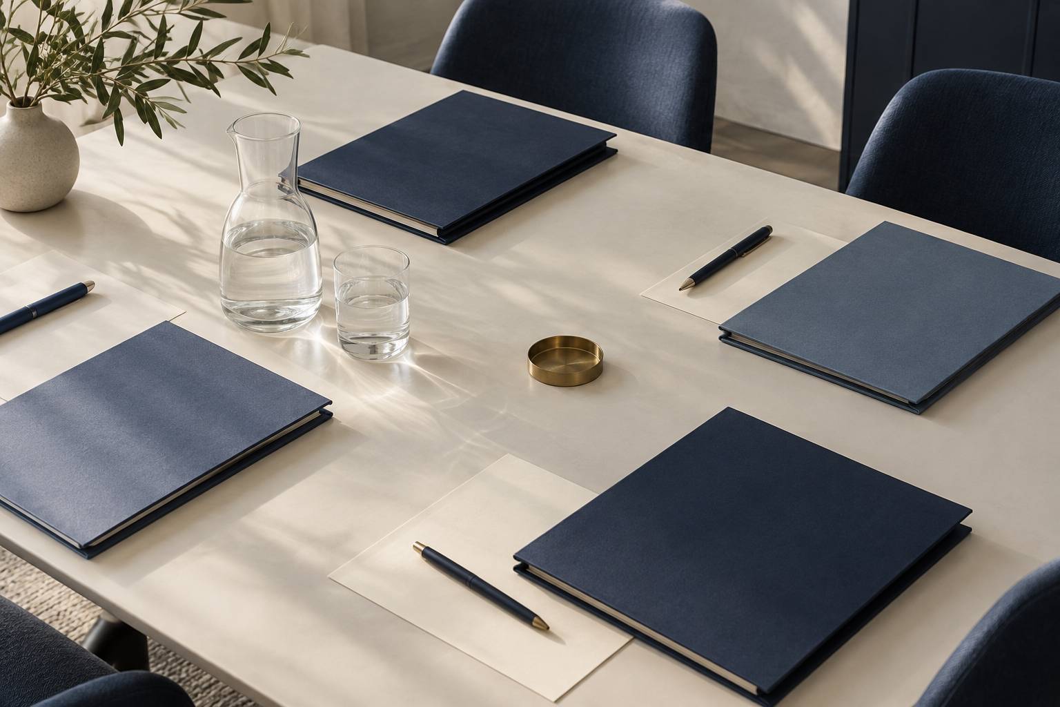 Chemises fermees alignees sur une table de reunion avec carafe d'eau