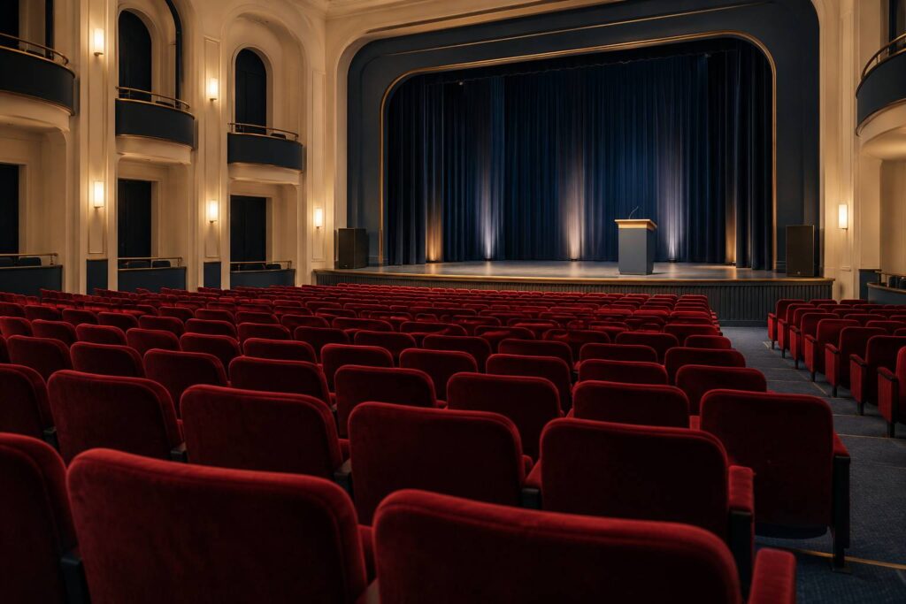 Salle de spectacle vide avec pupitre et enceinte sur scene