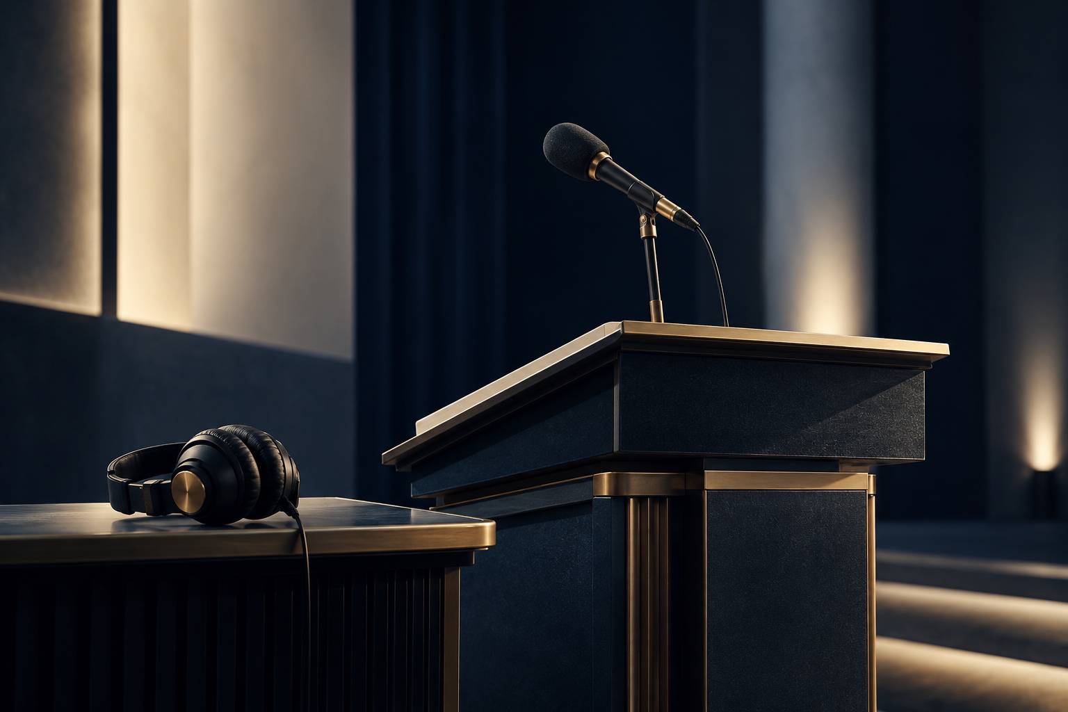 Microphone sur pied et casque poses pres d'un pupitre dans une salle