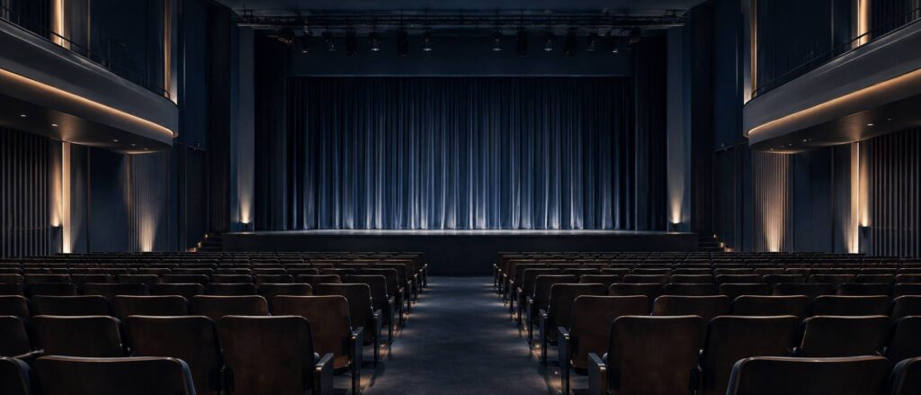 Salle de spectacle aux sièges vides avec scène sobrement éclairée avant représentation
