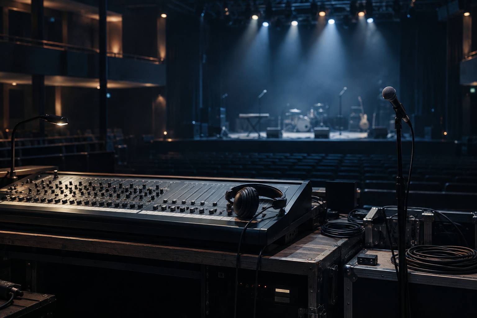 Console de mixage sobre avec casque et micro sur pied dans une régie son