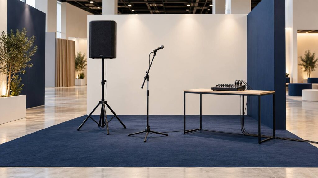 Enceinte sur pied, micro et console de mixage sur un stand d'exposition sobre