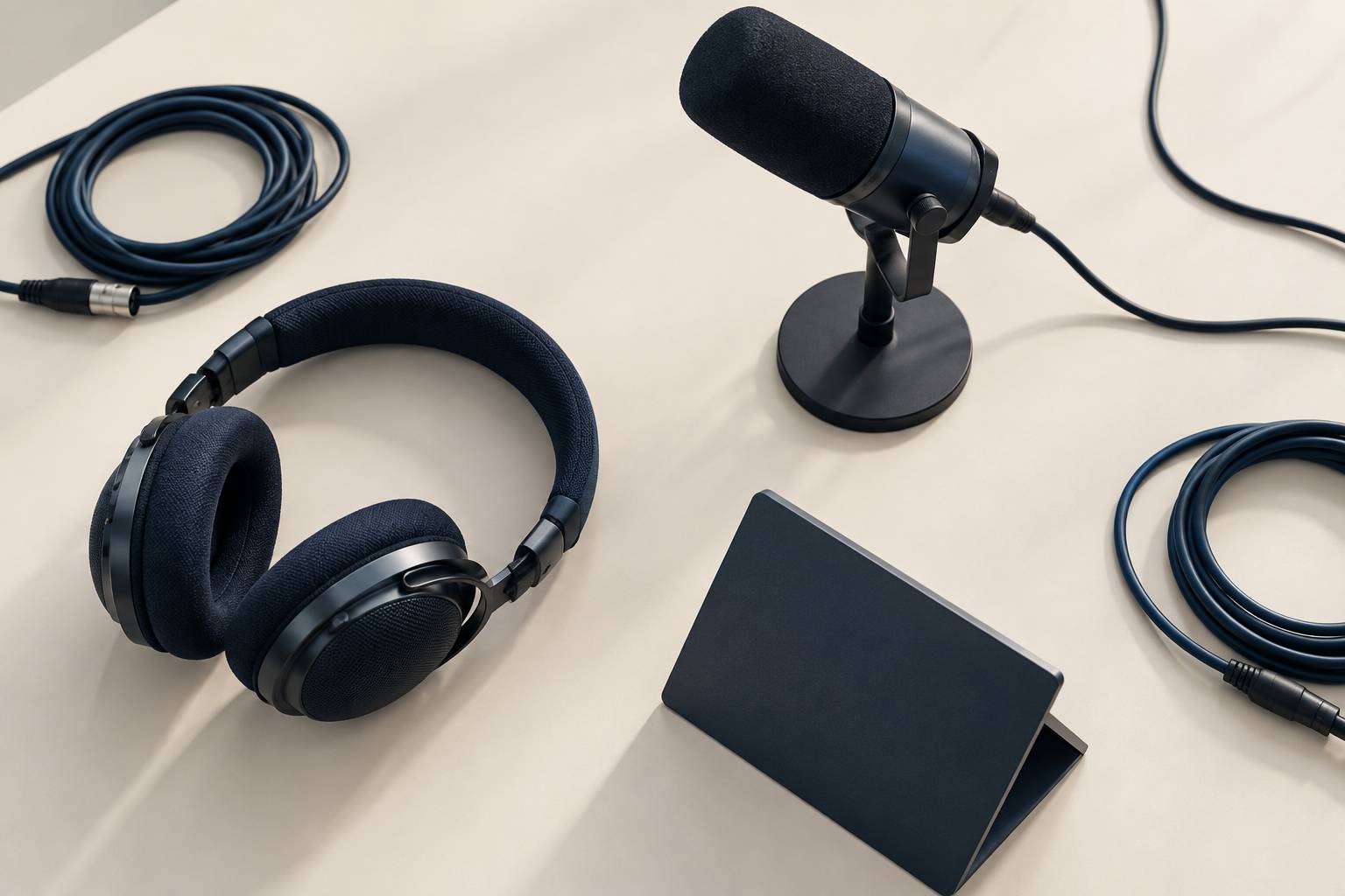 Micro sur support et casque audio poses sur une table de stand