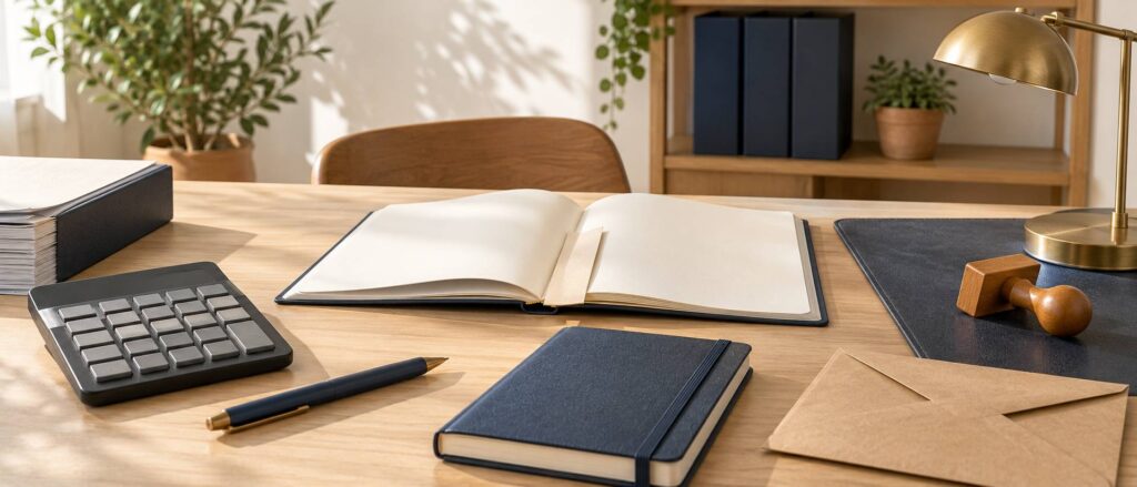 Guide administratif ouvert sur un bureau en bois clair avec calculatrice et carnet