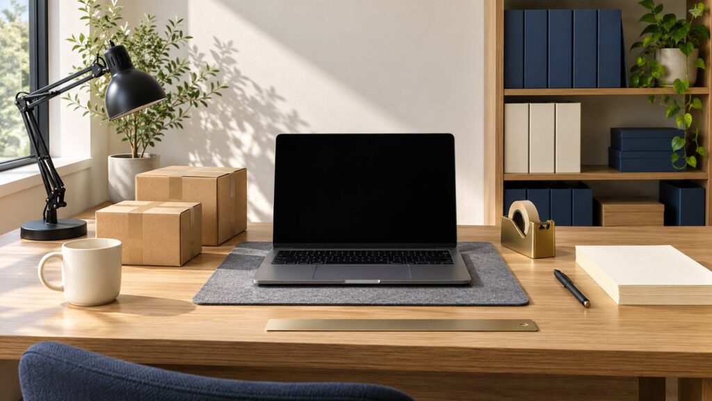 Bureau range avec ordinateur portable ecran eteint, colis en carton et feuilles retournees