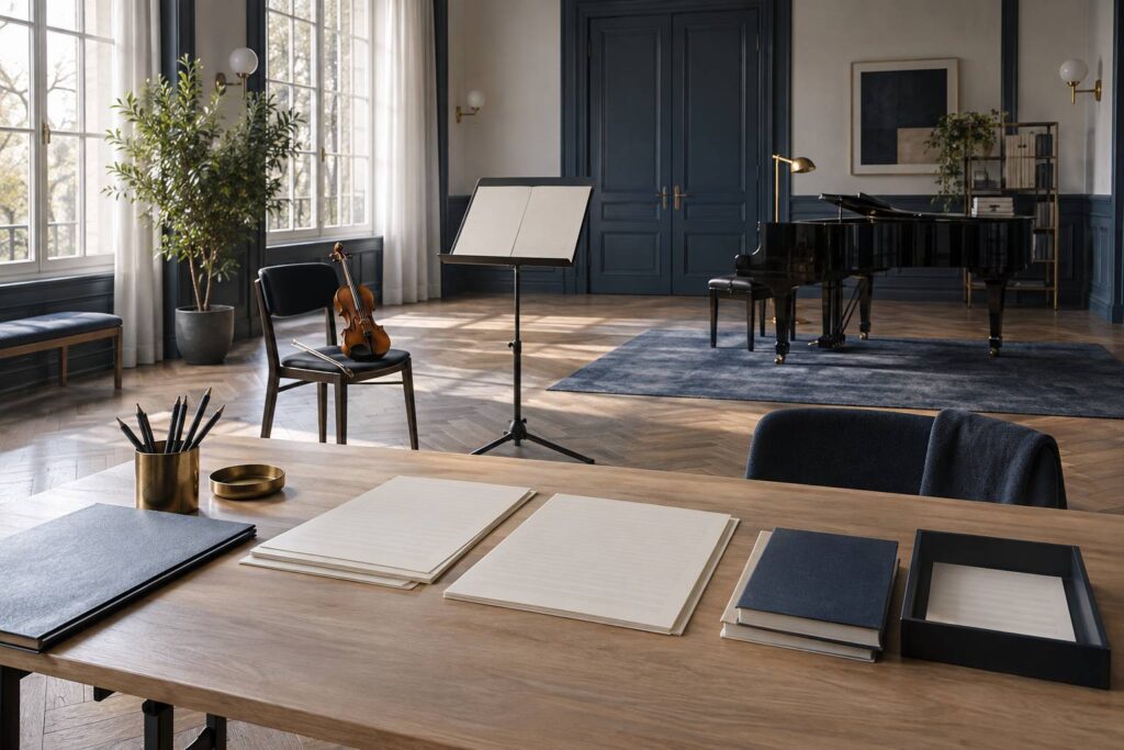 Salle de repetition avec pupitre, partitions vierges et violon generique
