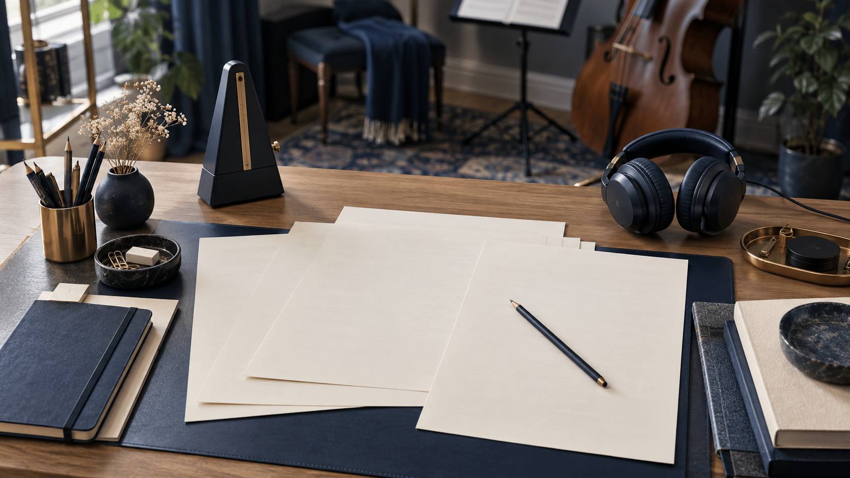 Table de travail musicale avec partitions vierges, metronome et casque audio