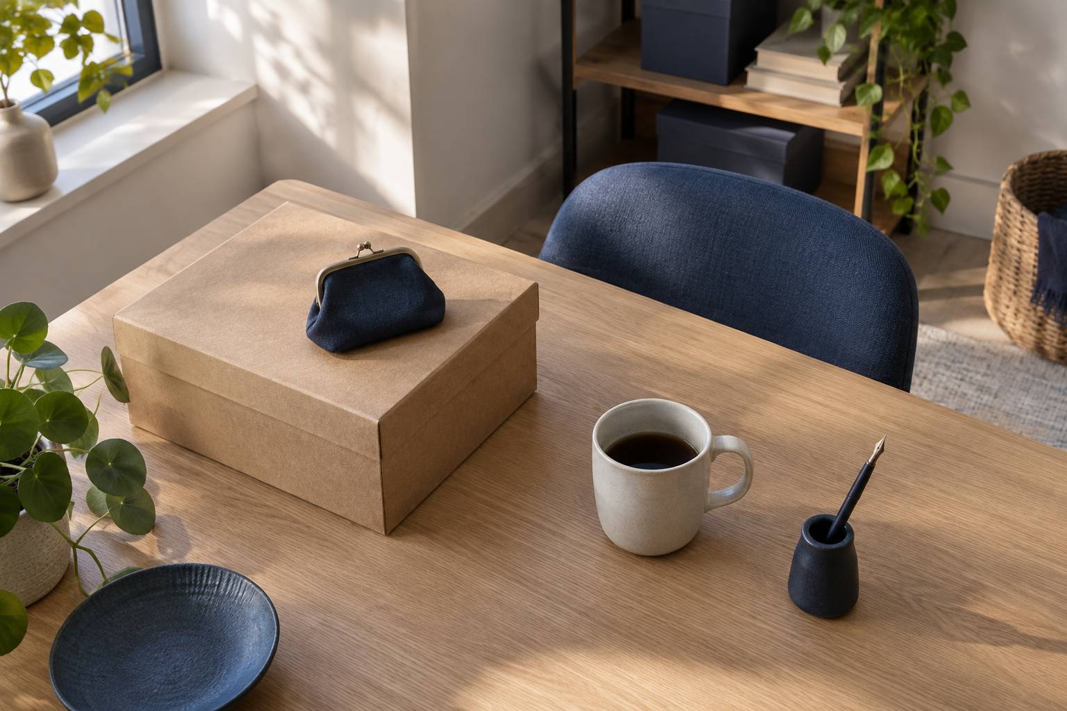 Boîte d'archives fermée, tasse et porte-monnaie en toile sur une table en bois clair