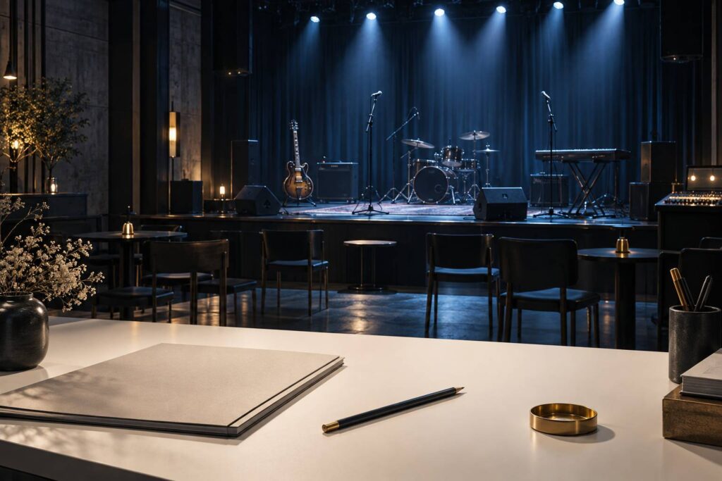 Petite scene de concert equipee avec instruments et micros