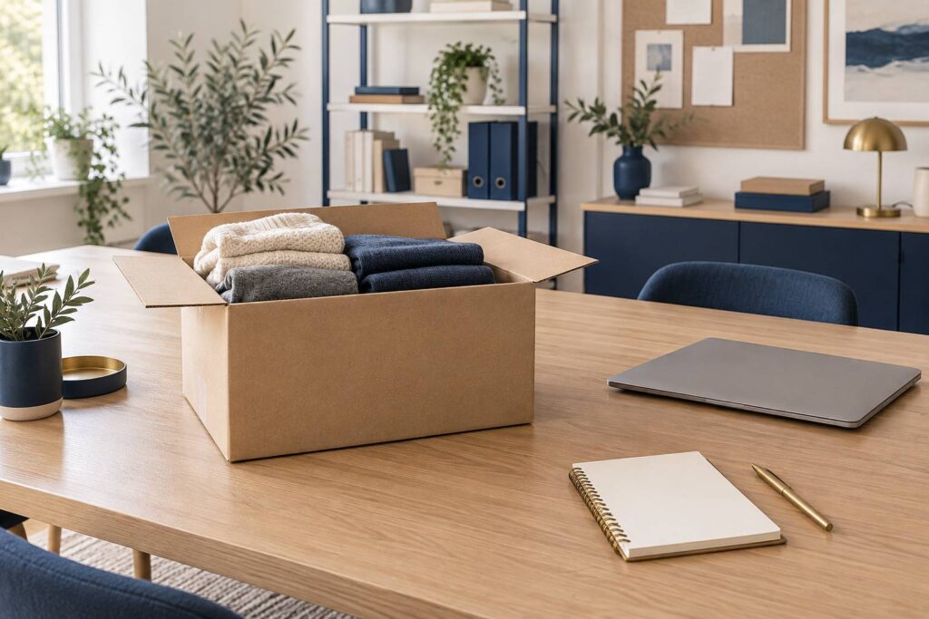 Boite de dons et vetements plies sur une table de bureau clair