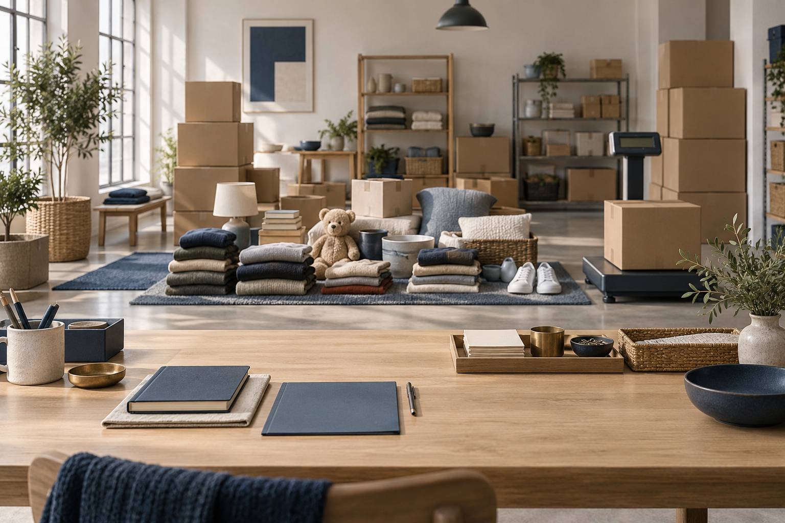 Salle associative avec cartons de dons et tapis de tri