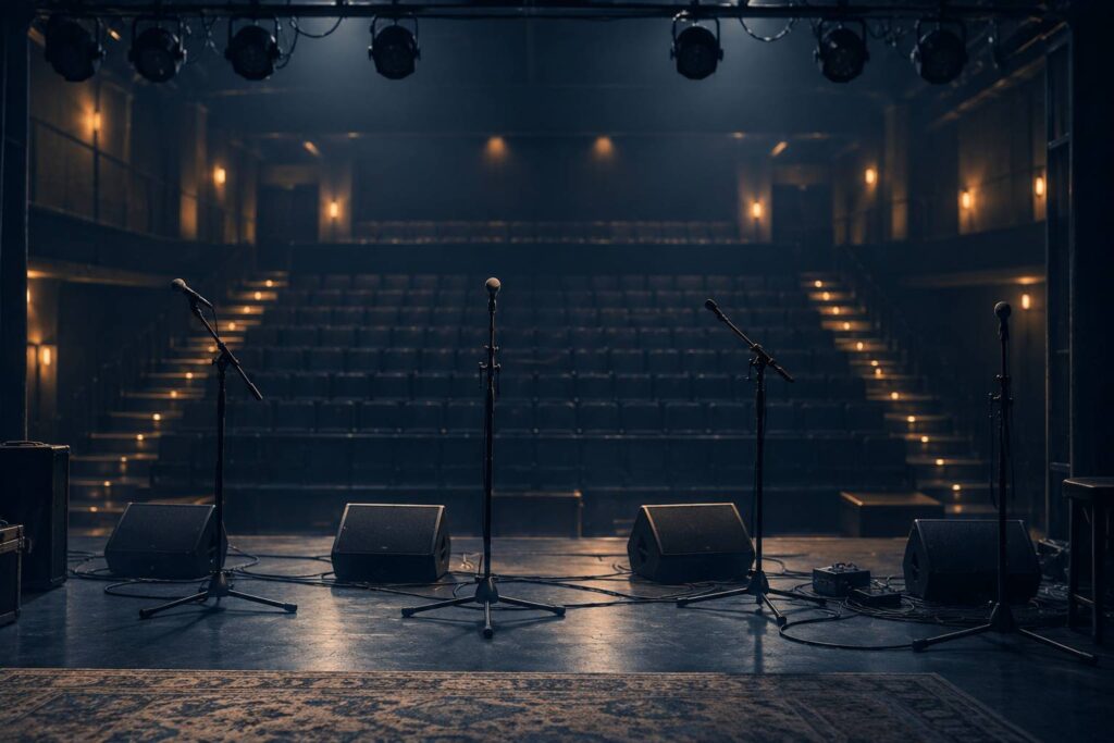 Scene de concert generique avec microphones et retours sous une lumiere chaude
