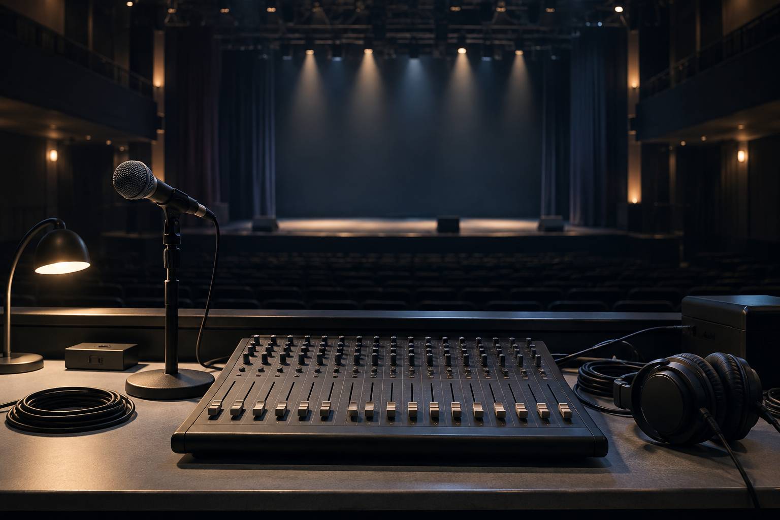 Table de mixage neutre et micro d'enregistrement en salle de concert