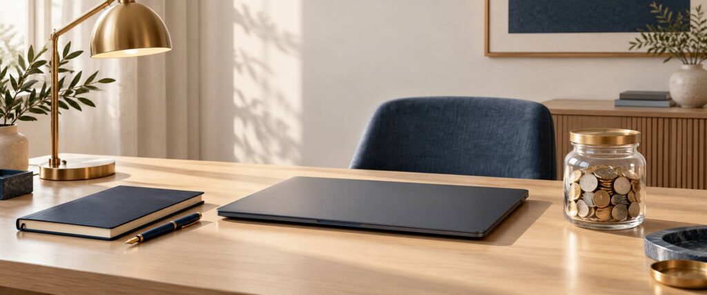 Bureau rangé avec ordinateur portable fermé, bocal de pièces et carnet de notes
