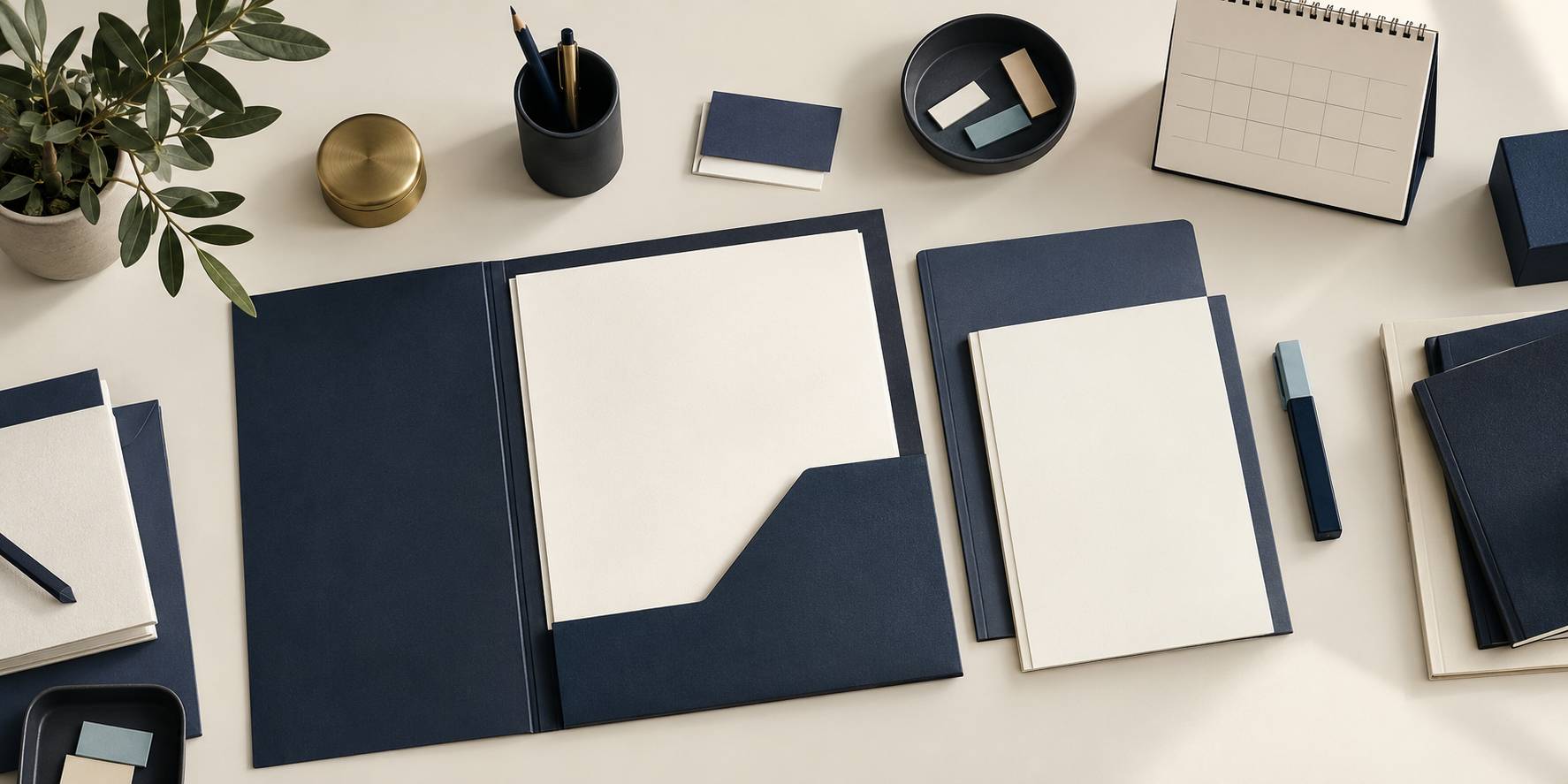 Chemises de documents, tampon et etiquettes sur un plan de travail