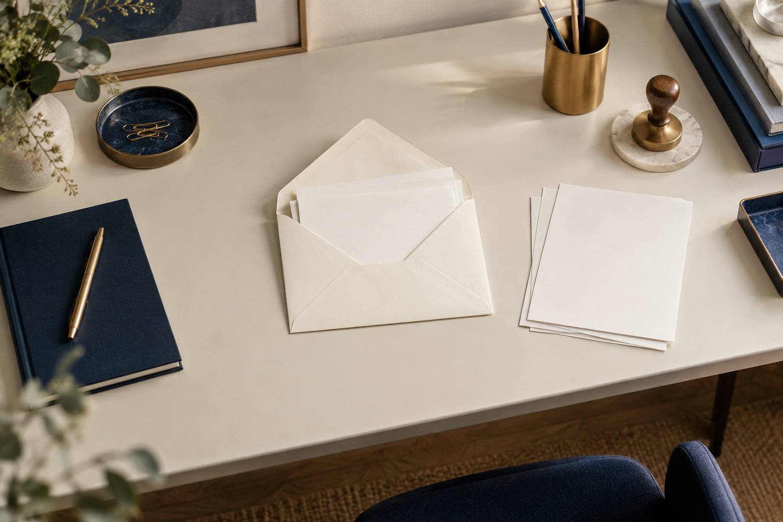 Enveloppe ouverte et feuillets vierges sur un bureau creme clair