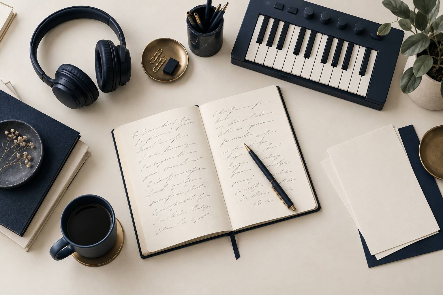 Bureau de création musicale avec carnet, casque et clavier de studio