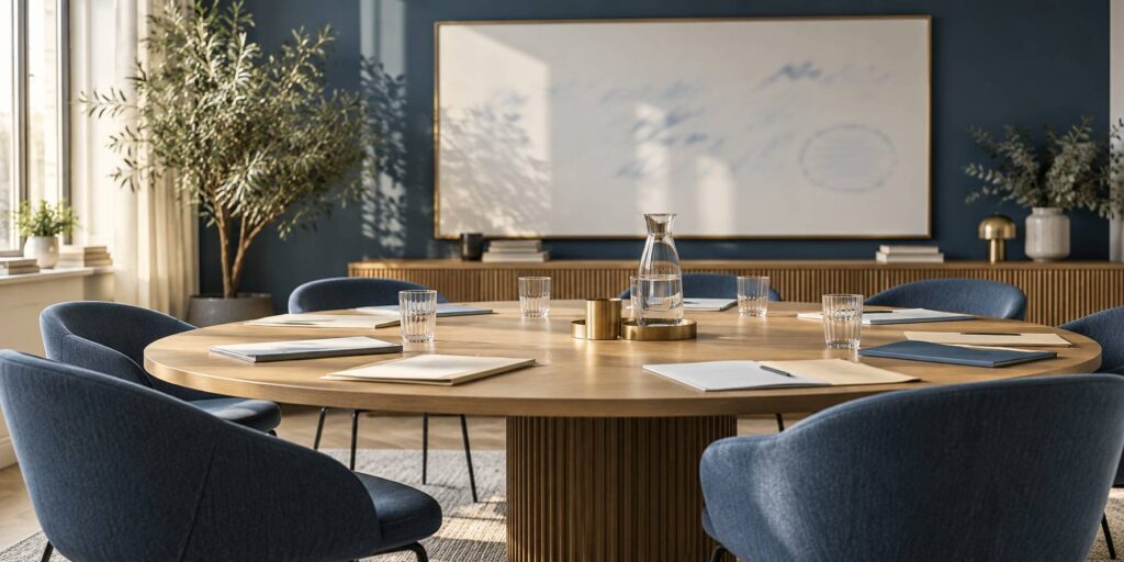 Table ronde en bois avec documents flous et carafe d'eau dans une salle de réunion
