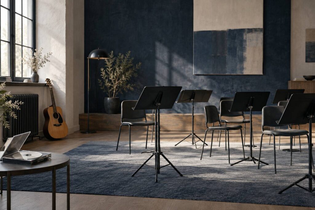 Salle de repetition avec pupitres, chaises et un CD pose sur une table