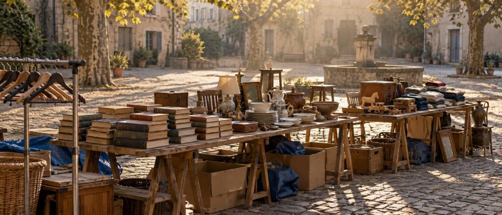 Tables de tréteaux couvertes d'objets d'occasion sur une place de village, cartons et bâche
